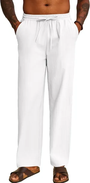 COOFANDY Men's Casual Cotton Pants Elastic Waist Drawstring Linen Beach Summer Pants Lightweight Yoga Trousers