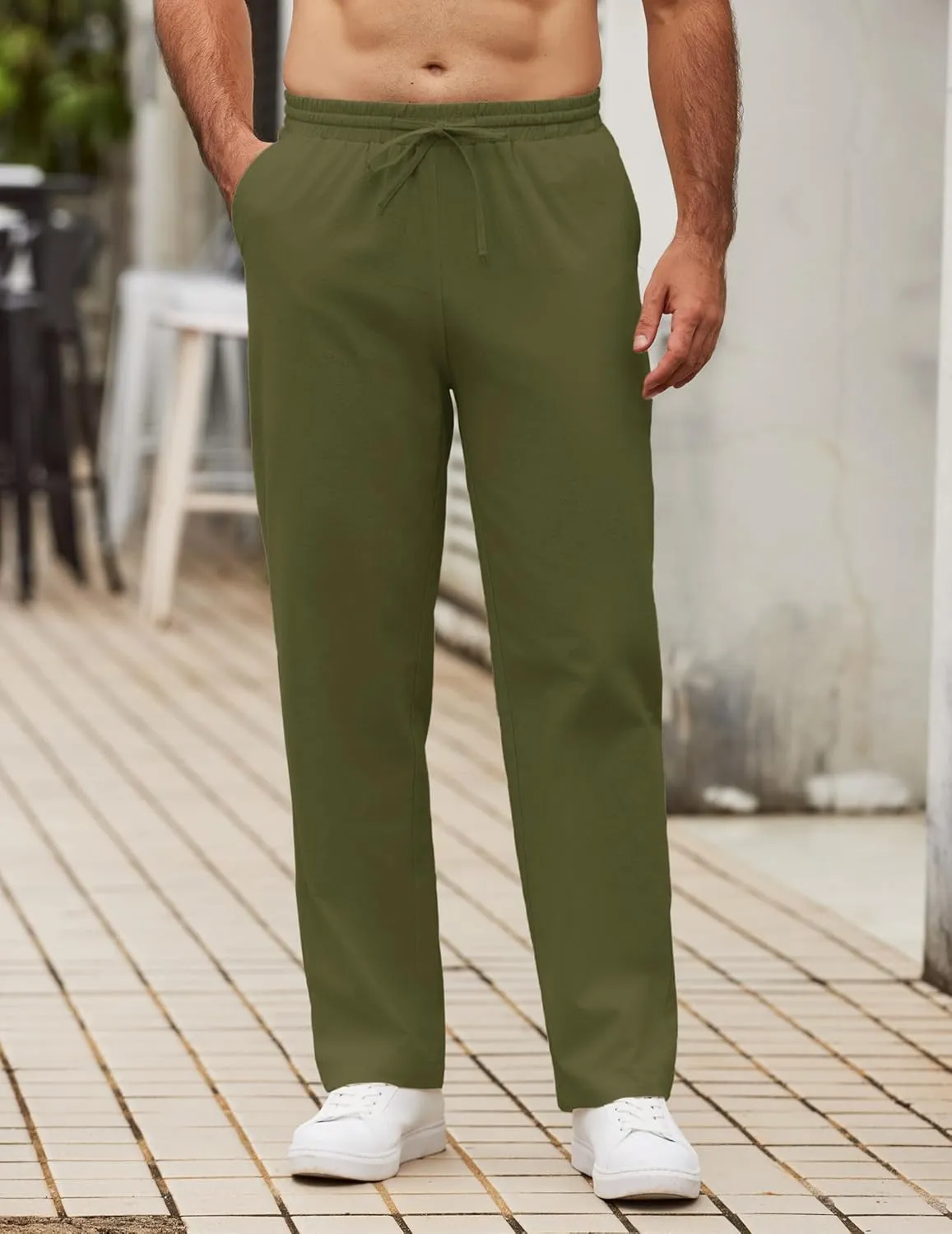 COOFANDY Men's Casual Cotton Pants Elastic Waist Drawstring Linen Beach Summer Pants Lightweight Yoga Trousers