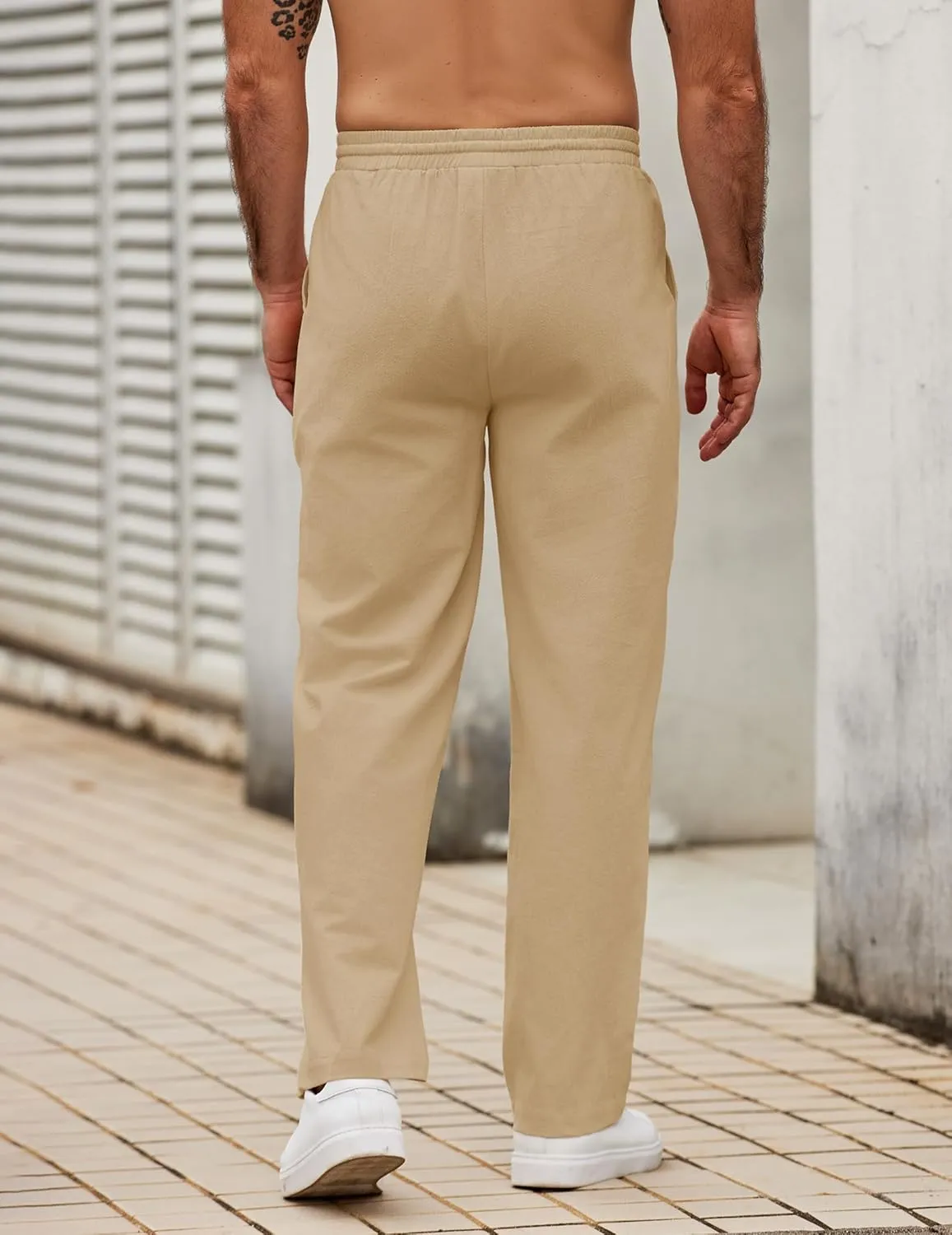 COOFANDY Men's Casual Cotton Pants Elastic Waist Drawstring Linen Beach Summer Pants Lightweight Yoga Trousers
