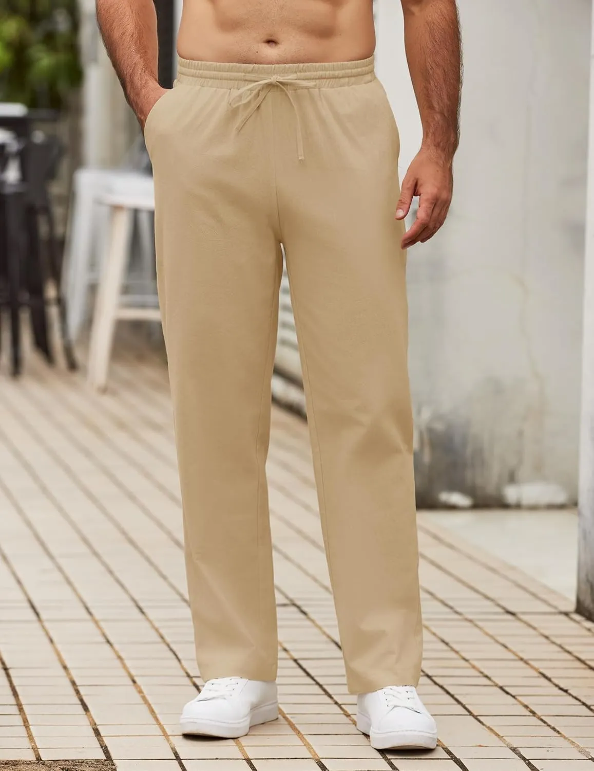 COOFANDY Men's Casual Cotton Pants Elastic Waist Drawstring Linen Beach Summer Pants Lightweight Yoga Trousers