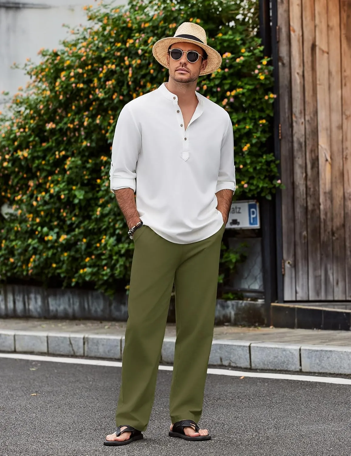 COOFANDY Men's Casual Cotton Pants Elastic Waist Drawstring Linen Beach Summer Pants Lightweight Yoga Trousers