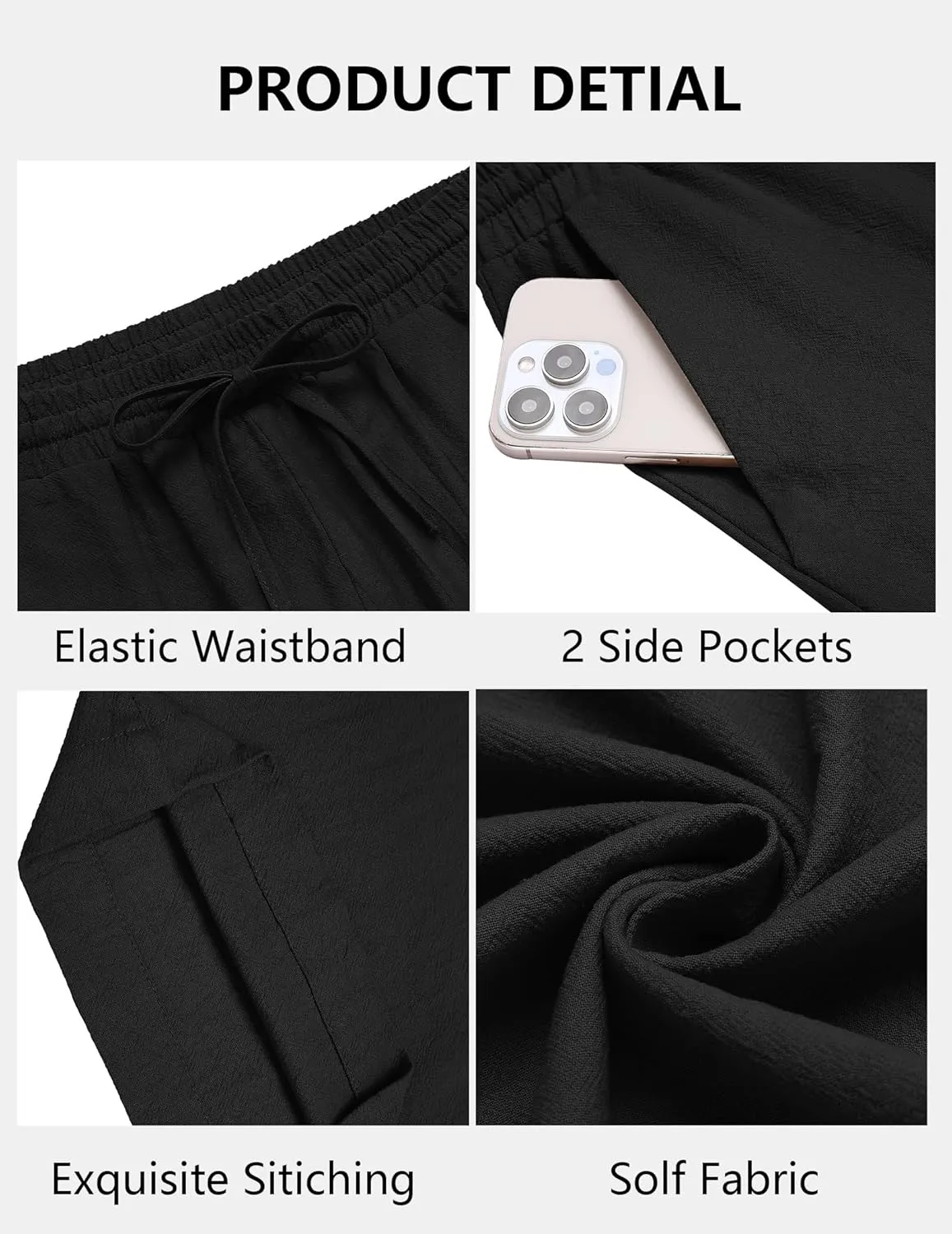 COOFANDY Men's Casual Cotton Pants Elastic Waist Drawstring Linen Beach Summer Pants Lightweight Yoga Trousers