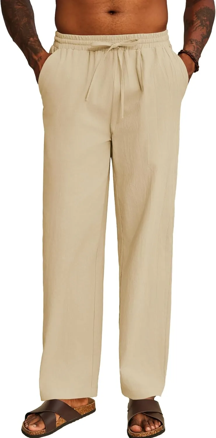 COOFANDY Men's Casual Cotton Pants Elastic Waist Drawstring Linen Beach Summer Pants Lightweight Yoga Trousers
