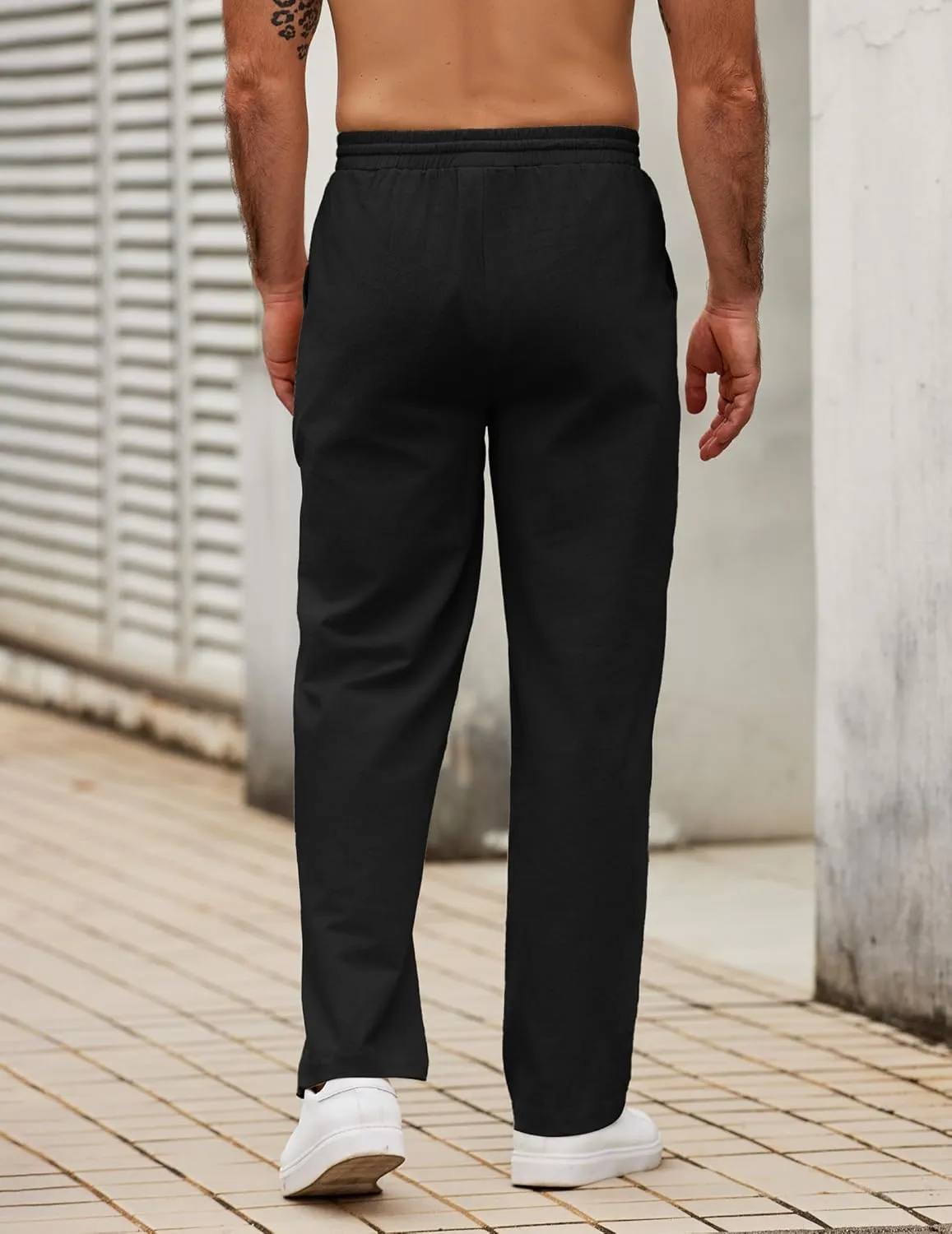 COOFANDY Men's Casual Cotton Pants Elastic Waist Drawstring Linen Beach Summer Pants Lightweight Yoga Trousers