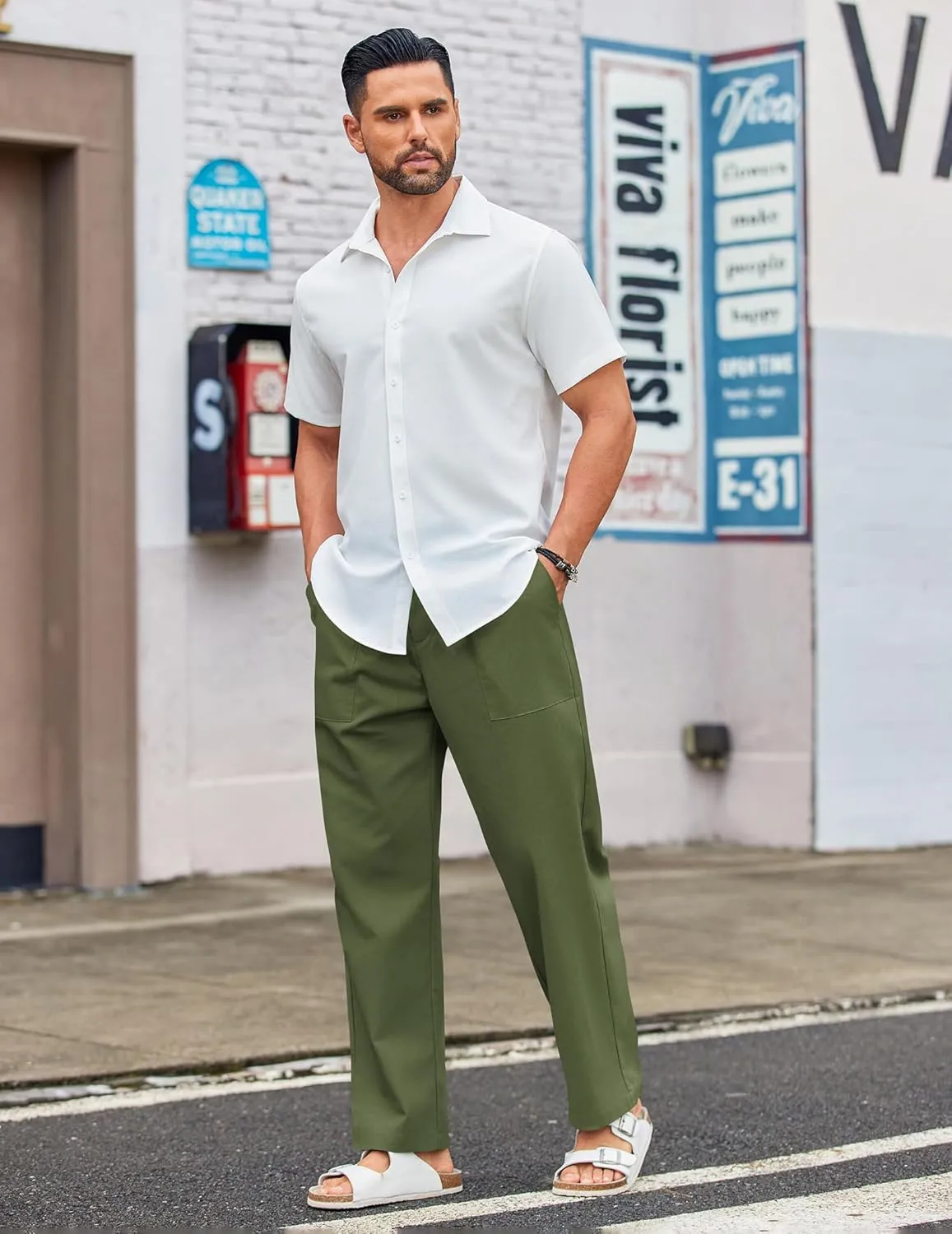 COOFANDY Men's Casual Linen Cotton Pants Elastic Waist Summer Beach Trousers Lightweight Yoga Vacation Pants