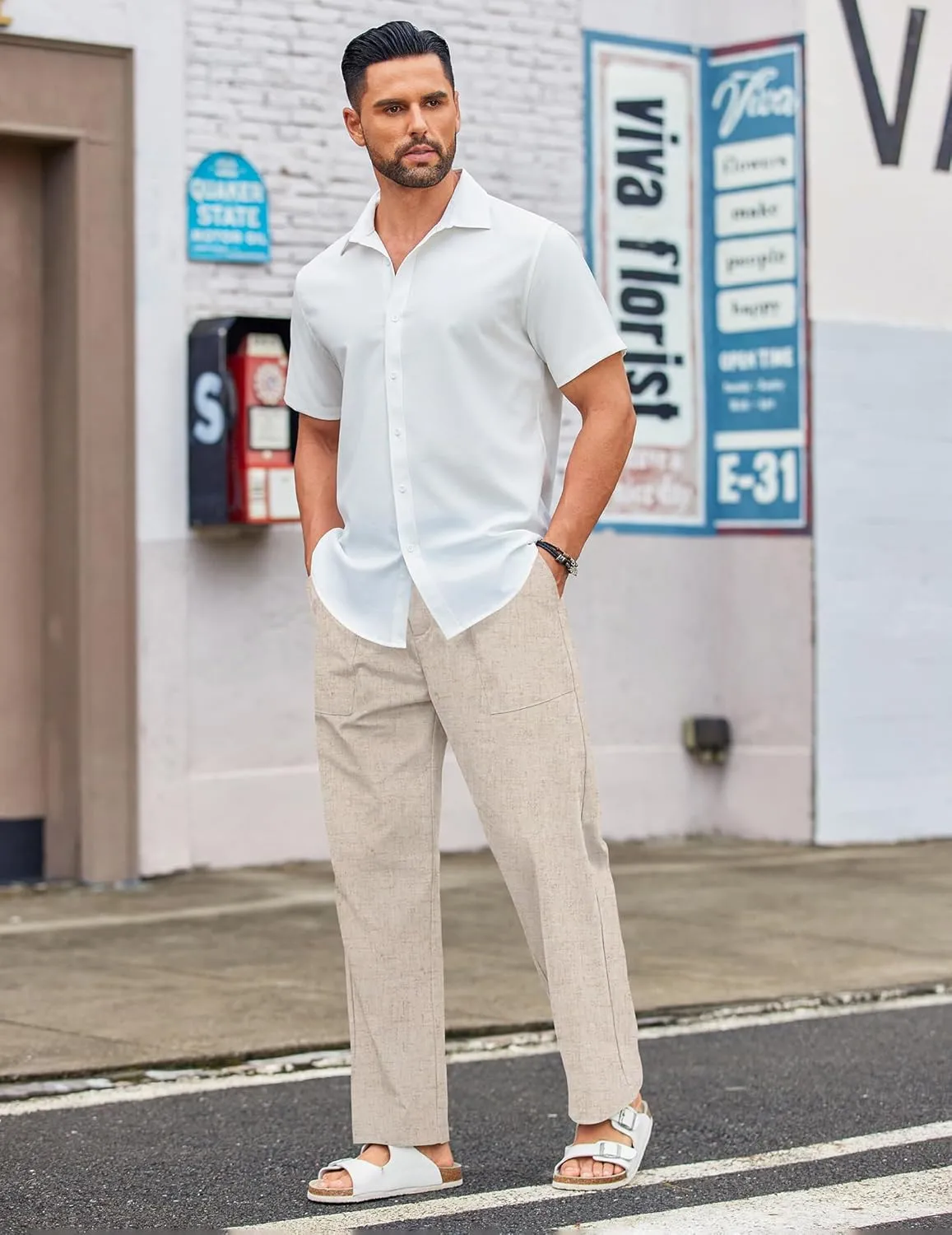COOFANDY Men's Casual Linen Cotton Pants Elastic Waist Summer Beach Trousers Lightweight Yoga Vacation Pants