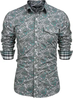 COOFANDY Mens Paisley Printed Shirts Casual Long Sleeve Button Down Shirts Floral Dress Shirt with Pockets