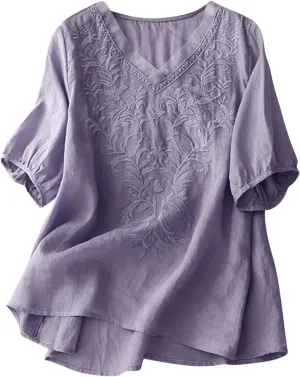 Cotton Linen Tops for Women 3/4 Sleeve Vintage Embroidery Floral Printed Shirts Casual Loose Tunic Tee Blouses