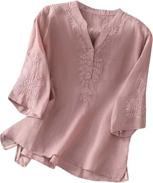 Cotton Linen Tops for Women 3/4 Sleeve Vintage Embroidery Floral Printed Shirts Casual Loose Tunic Tee Blouses