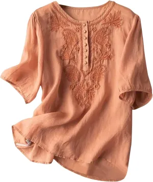 Cotton Linen Tops for Women 3/4 Sleeve Vintage Embroidery Floral Printed Shirts Casual Loose Tunic Tee Blouses