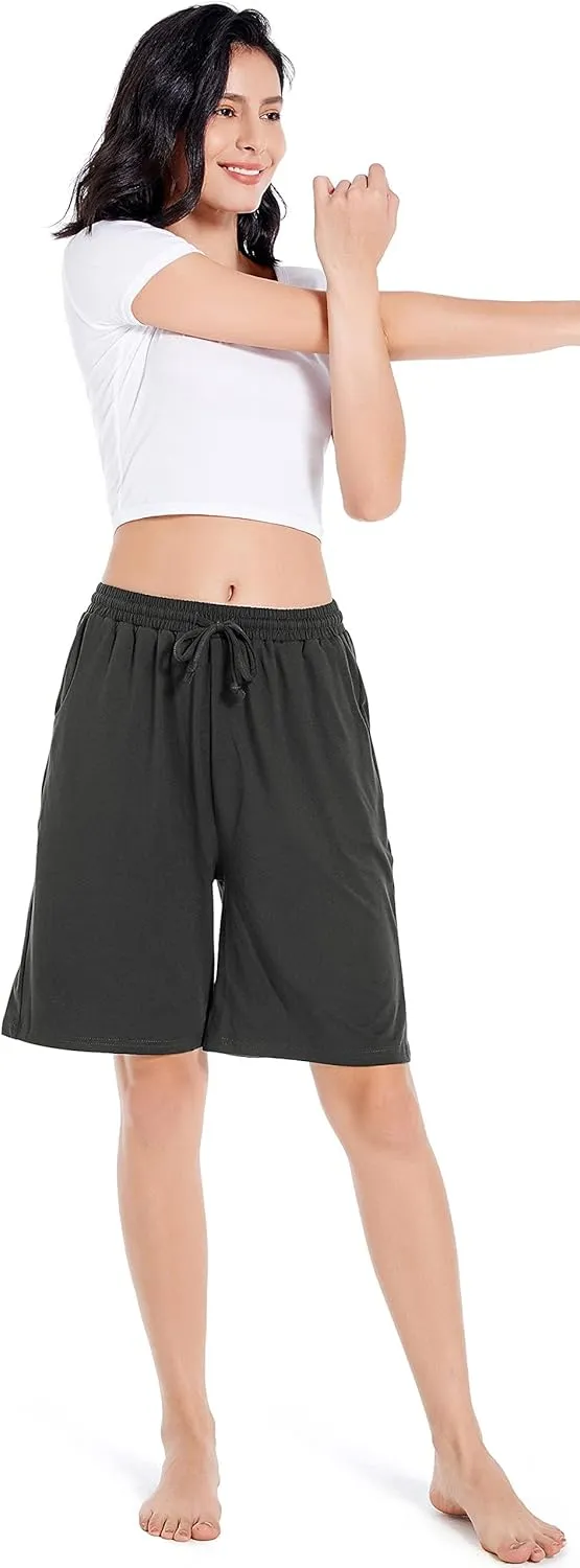 CULAYII Women's High Waisted Basketball Shorts Long Bermuda Gym Yoga Shorts with Pockets Athletic Knee Length Running Shorts