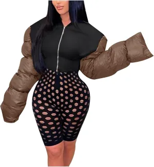 DASAYO Women's Puffy Long Sleeve Zip Cropped Puffer Jacket Color Block Quilted Puffy Down Coat Slouchy Winter Outwear Trendy