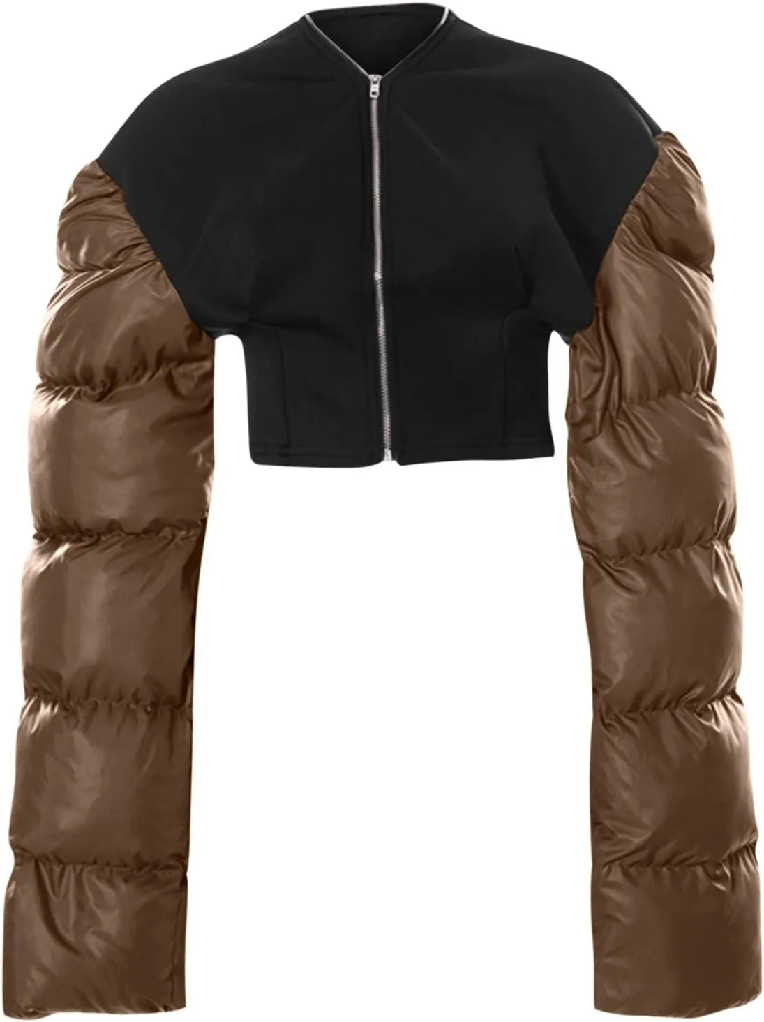 DASAYO Women's Puffy Long Sleeve Zip Cropped Puffer Jacket Color Block Quilted Puffy Down Coat Slouchy Winter Outwear Trendy