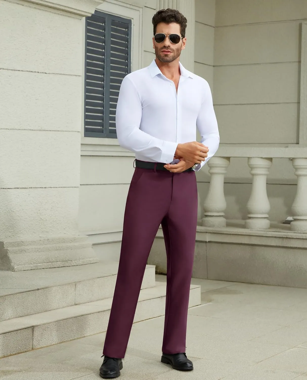 DEMEANOR Stretch Mens Dress Pants Slim Fit Dress Pants for Men Expandable Waist Wrinkle Free Work Dress Pants Golf Pants