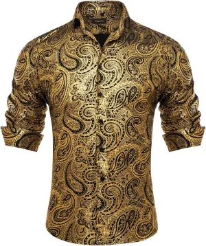 DiBanGu Men's Shiny Dress Shirt Luxury Paisley Printed Shirt Long Sleeve Button Down Shirts for Party Prom