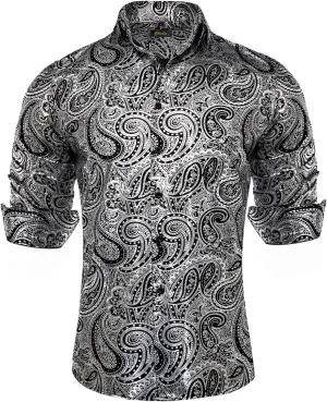DiBanGu Men's Shiny Dress Shirt Luxury Paisley Printed Shirt Long Sleeve Button Down Shirts for Party Prom