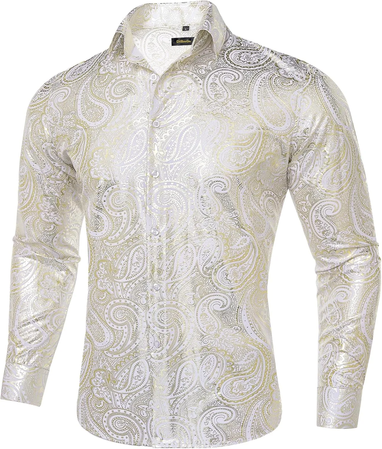 DiBanGu Men's Shiny Dress Shirt Luxury Paisley Printed Shirt Long Sleeve Button Down Shirts for Party Prom