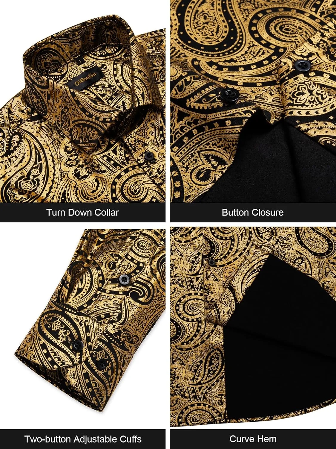 DiBanGu Men's Shiny Dress Shirt Luxury Paisley Printed Shirt Long Sleeve Button Down Shirts for Party Prom