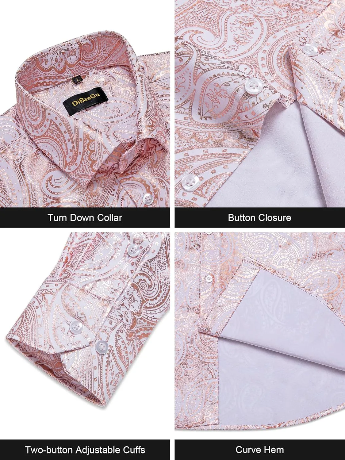 DiBanGu Men's Shiny Dress Shirt Luxury Paisley Printed Shirt Long Sleeve Button Down Shirts for Party Prom