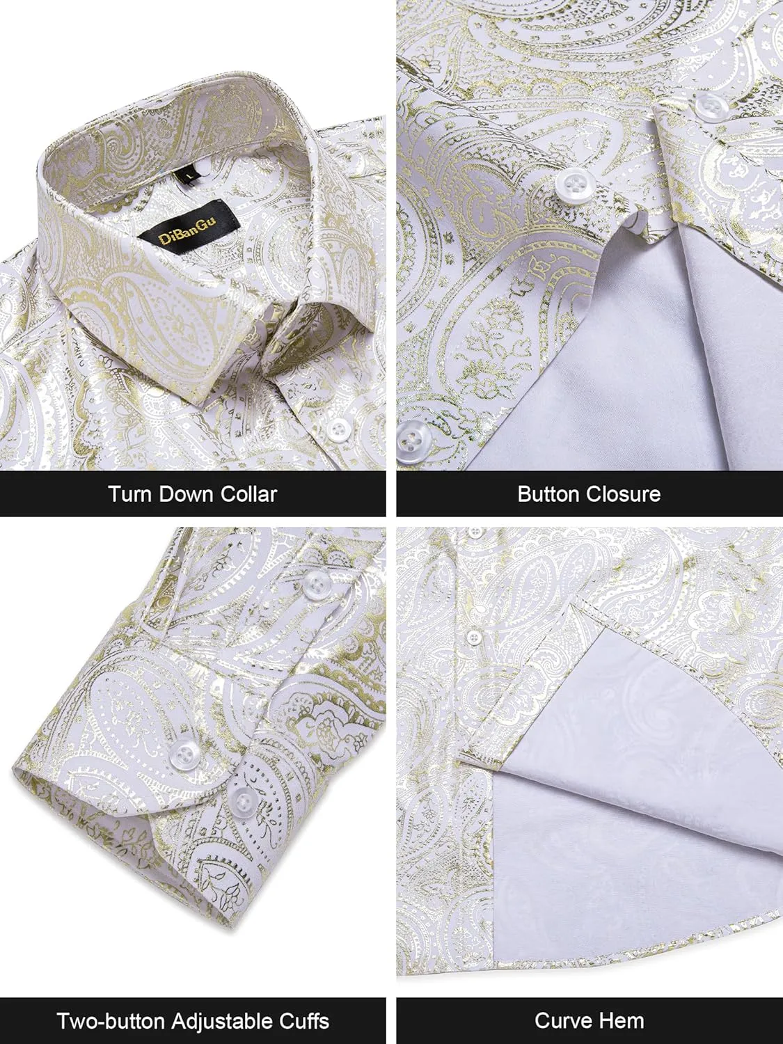 DiBanGu Men's Shiny Dress Shirt Luxury Paisley Printed Shirt Long Sleeve Button Down Shirts for Party Prom