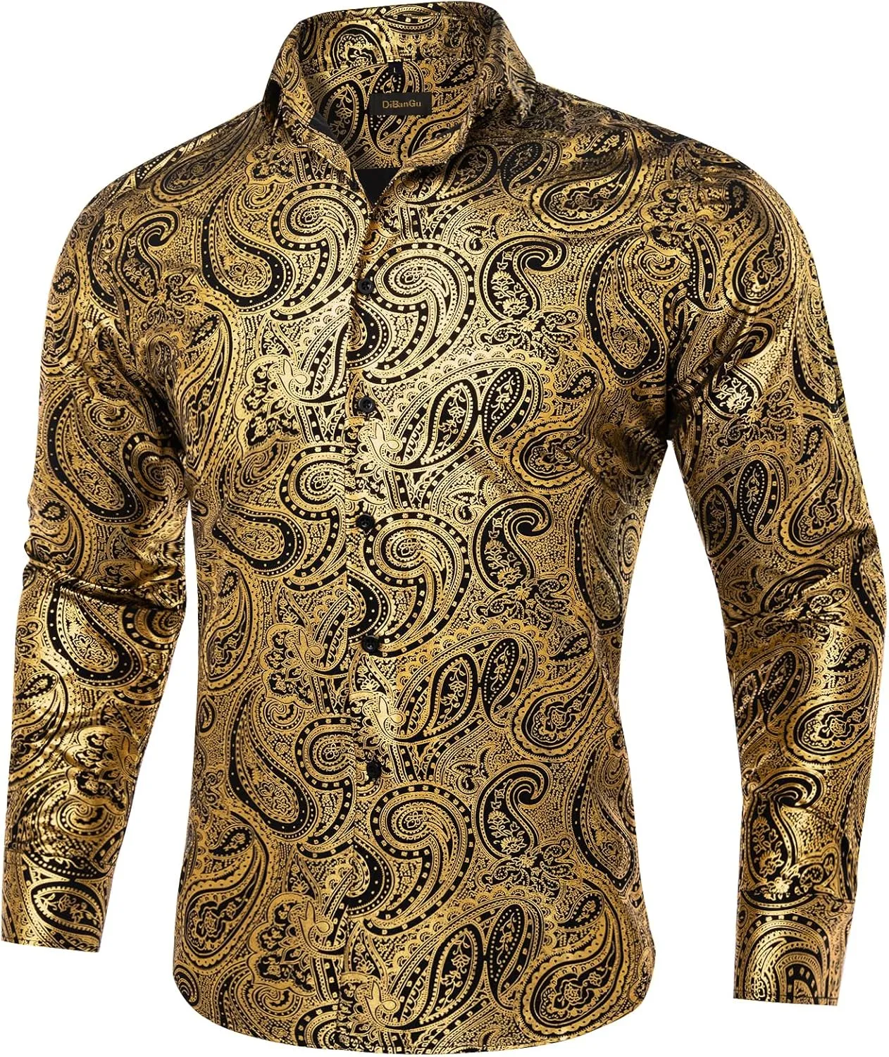 DiBanGu Men's Shiny Dress Shirt Luxury Paisley Printed Shirt Long Sleeve Button Down Shirts for Party Prom
