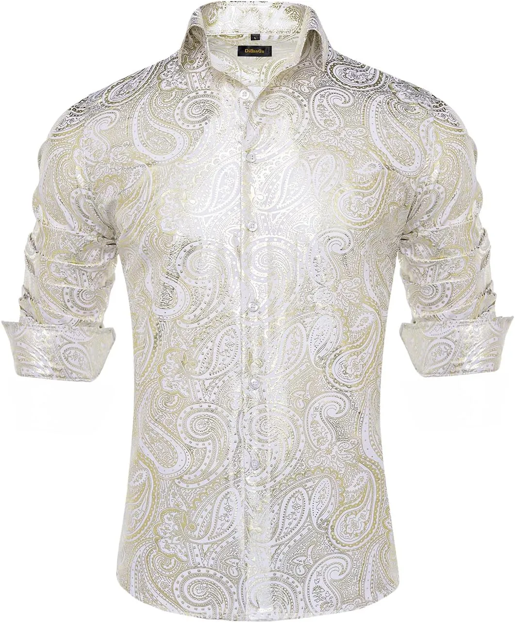 DiBanGu Men's Shiny Dress Shirt Luxury Paisley Printed Shirt Long Sleeve Button Down Shirts for Party Prom