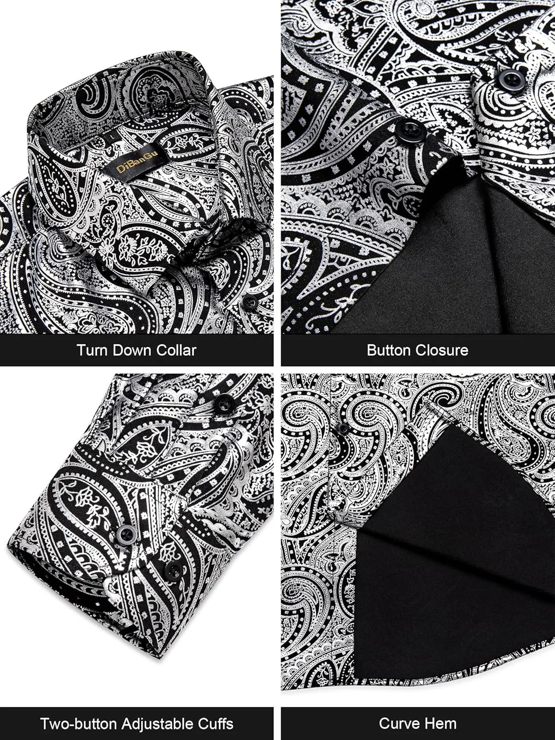DiBanGu Men's Shiny Dress Shirt Luxury Paisley Printed Shirt Long Sleeve Button Down Shirts for Party Prom