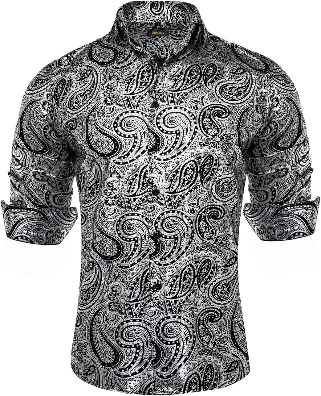 DiBanGu Men's Shiny Dress Shirt Luxury Paisley Printed Shirt Long Sleeve Button Down Shirts for Party Prom
