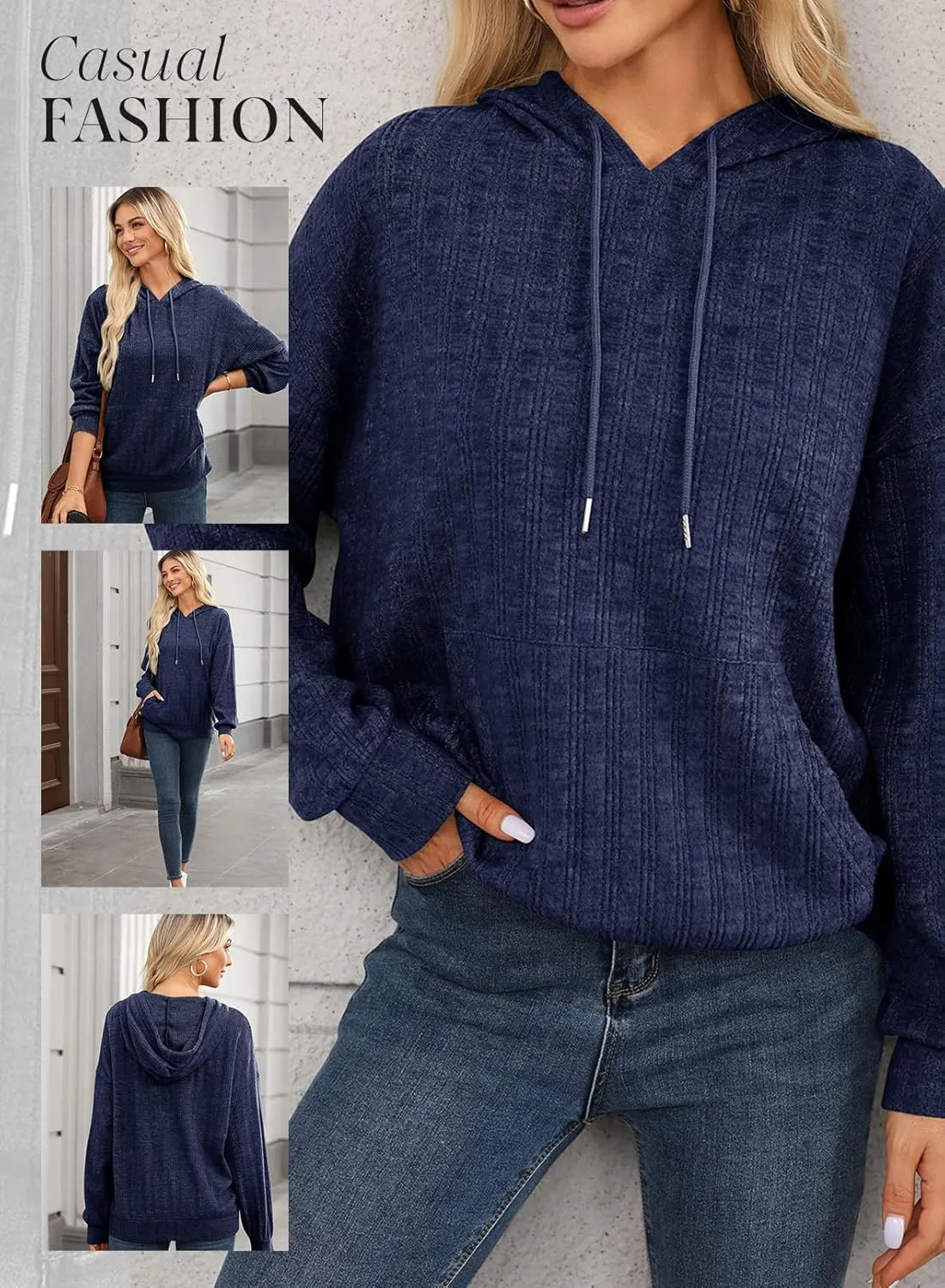 Dokotoo Hoodies for Women Casual Long Sleeve Textured Knit Loose Drawstring Hooded Sweatshirt with Pocket