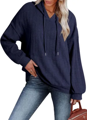 Dokotoo Hoodies for Women Casual Long Sleeve Textured Knit Loose Drawstring Hooded Sweatshirt with Pocket