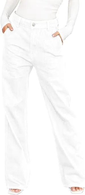 Dokotoo Women's Casual Mid Waist Cargo Jeans Stretch Wide Leg Denim Pants with Pockets