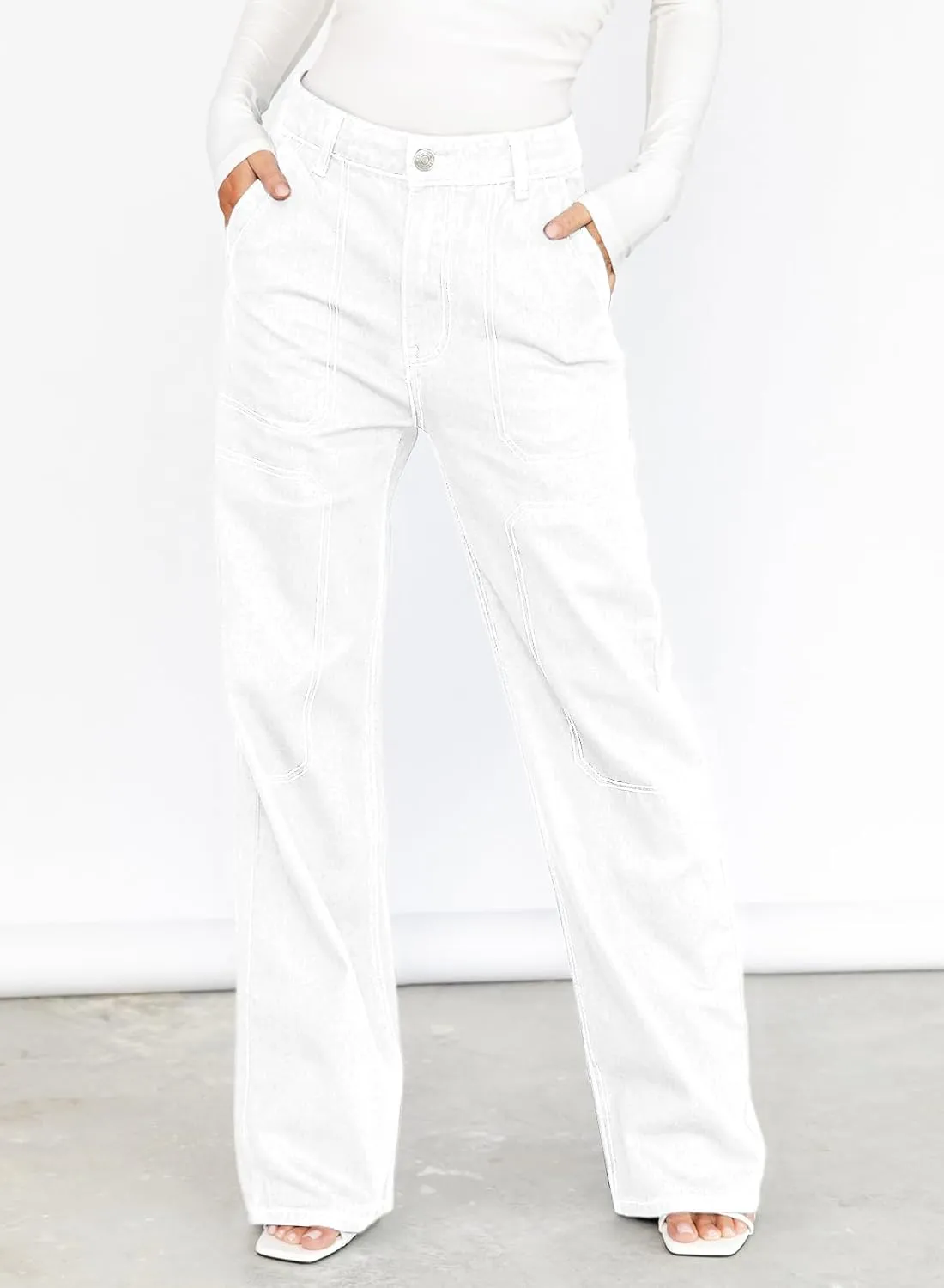 Dokotoo Women's Casual Mid Waist Cargo Jeans Stretch Wide Leg Denim Pants with Pockets