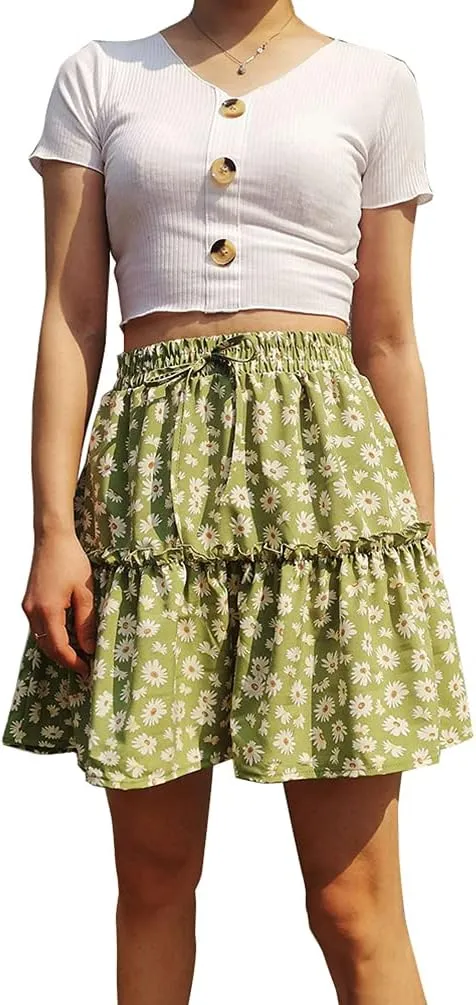 Familyhouse Womens Floral Print Mini Skirt Elastic Waistline Ruffle Pleated Skirt Boho Beach Swing Short