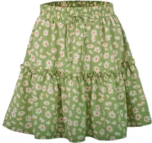 Familyhouse Womens Floral Print Mini Skirt Elastic Waistline Ruffle Pleated Skirt Boho Beach Swing Short