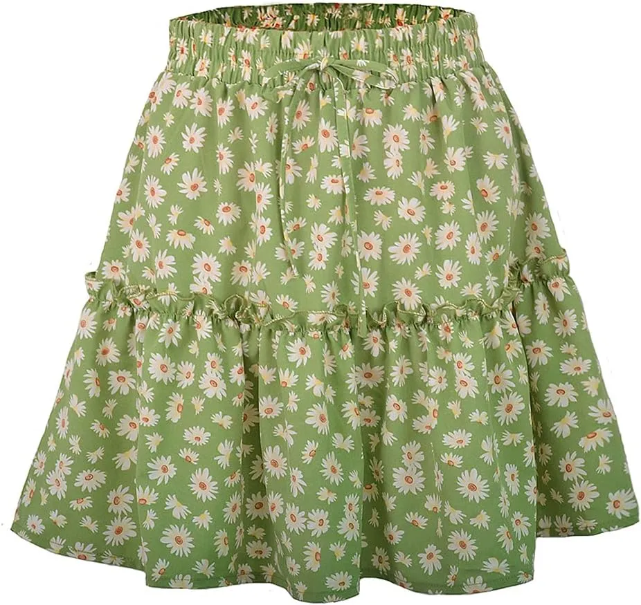 Familyhouse Womens Floral Print Mini Skirt Elastic Waistline Ruffle Pleated Skirt Boho Beach Swing Short