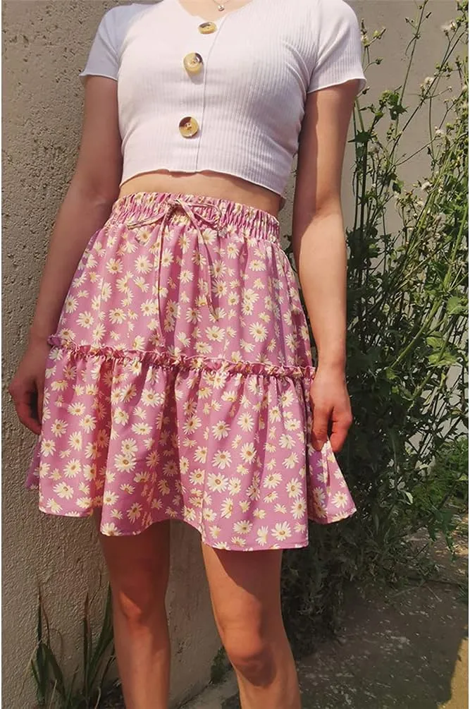 Familyhouse Womens Floral Print Mini Skirt Elastic Waistline Ruffle Pleated Skirt Boho Beach Swing Short