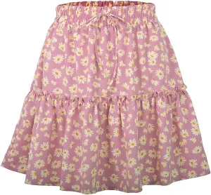 Familyhouse Womens Floral Print Mini Skirt Elastic Waistline Ruffle Pleated Skirt Boho Beach Swing Short