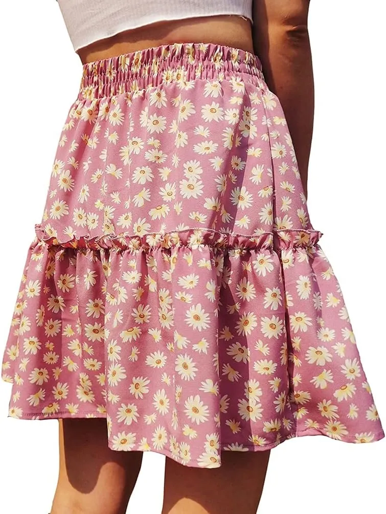 Familyhouse Womens Floral Print Mini Skirt Elastic Waistline Ruffle Pleated Skirt Boho Beach Swing Short