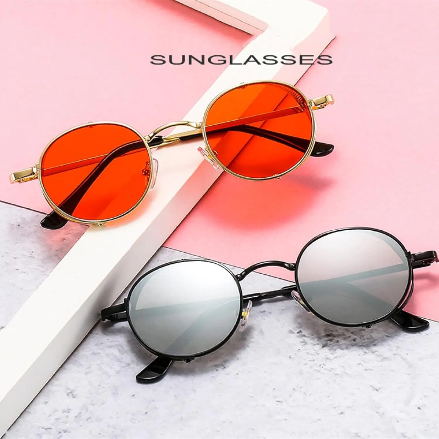 Fashion Steampunk Vintage Metal Round Sunglasses for Women Small Uv400 Classic