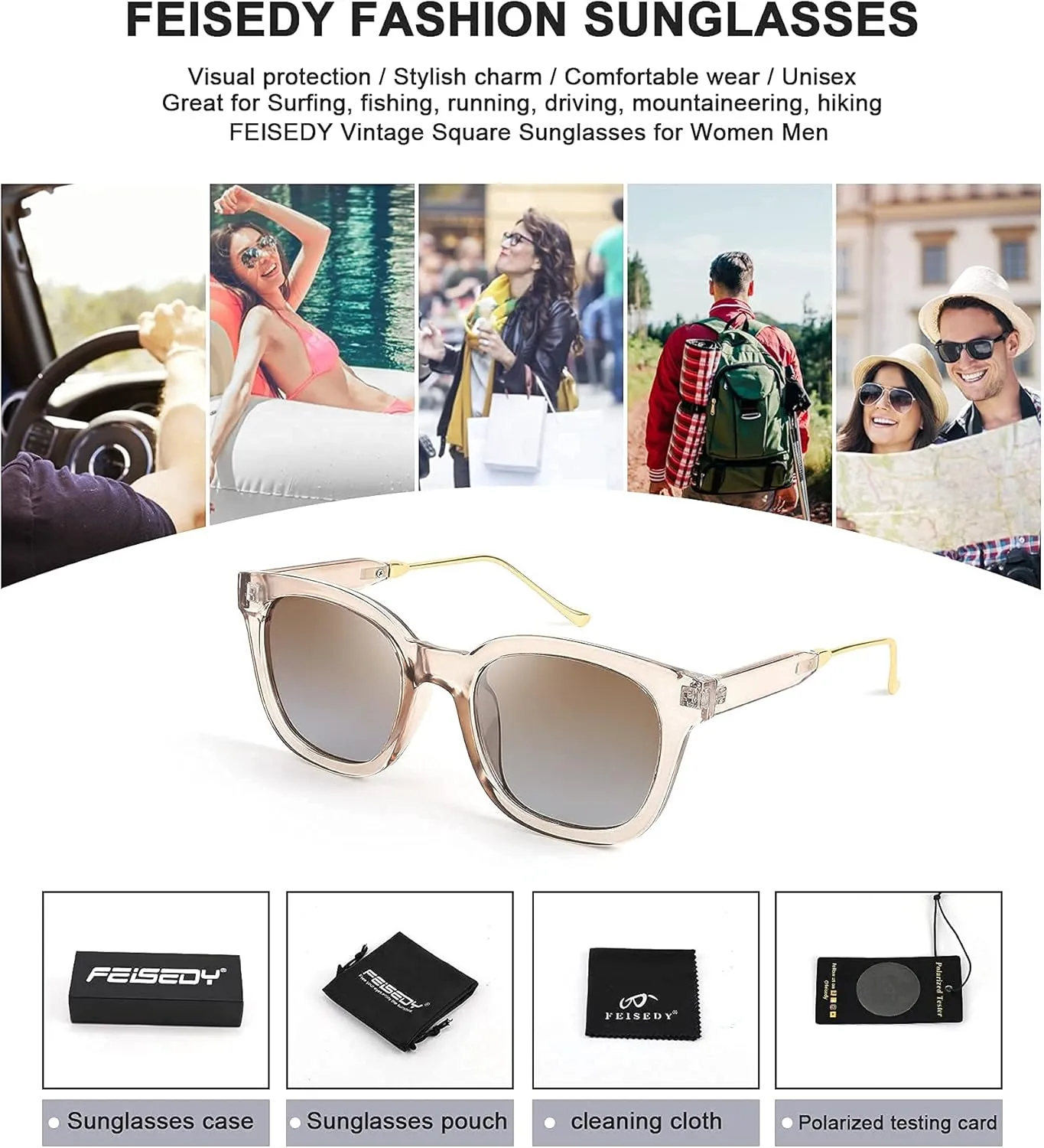 FEISEDY Square Polarized Sunglasses Women Men Retro Trendy Shades UV400 Lenses B2624