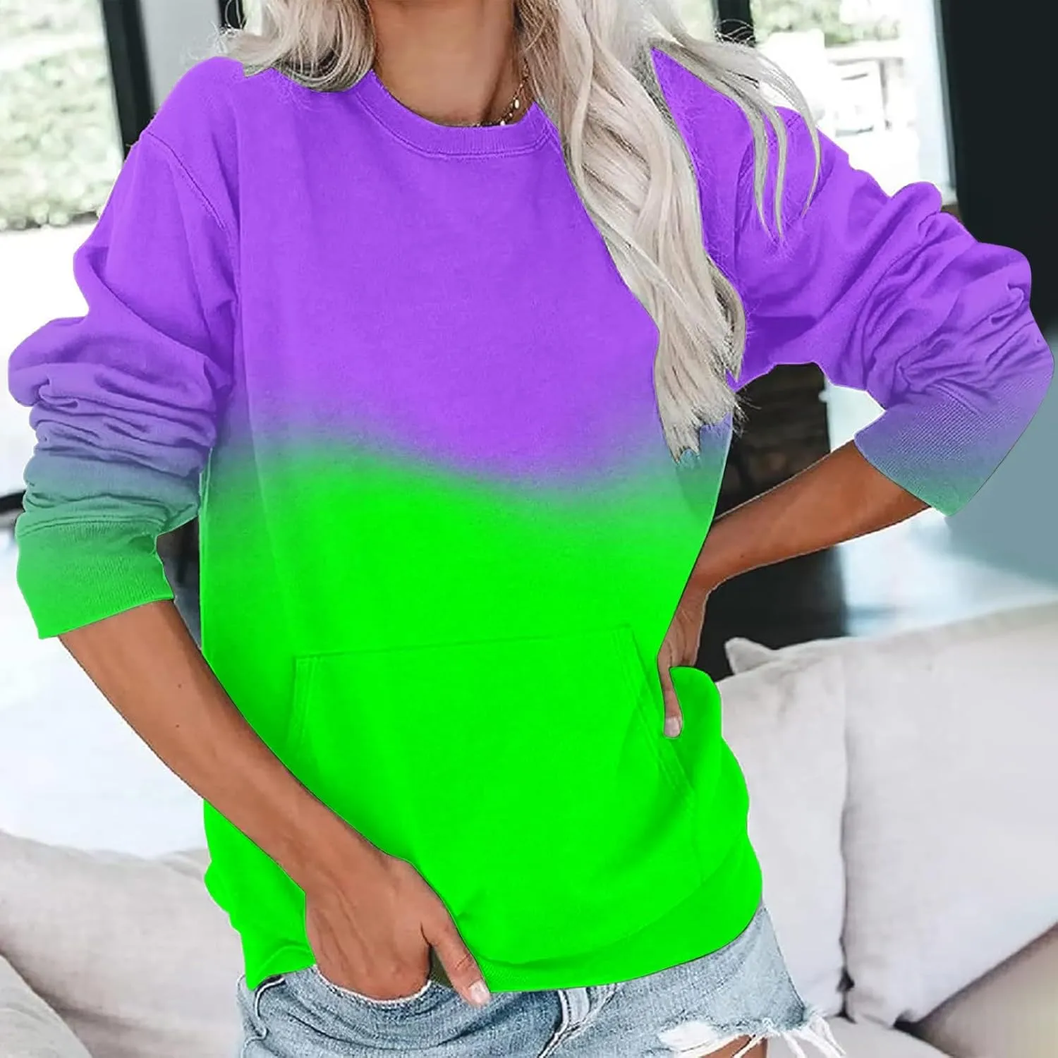 Firzero Crewneck Sweatshirts Women Cute Tie Dye Gradient Pullover Tops Loose Long Sleeve Oversized Sweatshirt