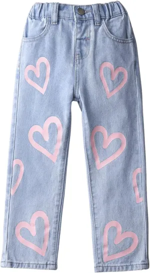 Floerns Girl's Floral Pattern Kids Jeans Elastic Waist Wide Leg Denim Pants