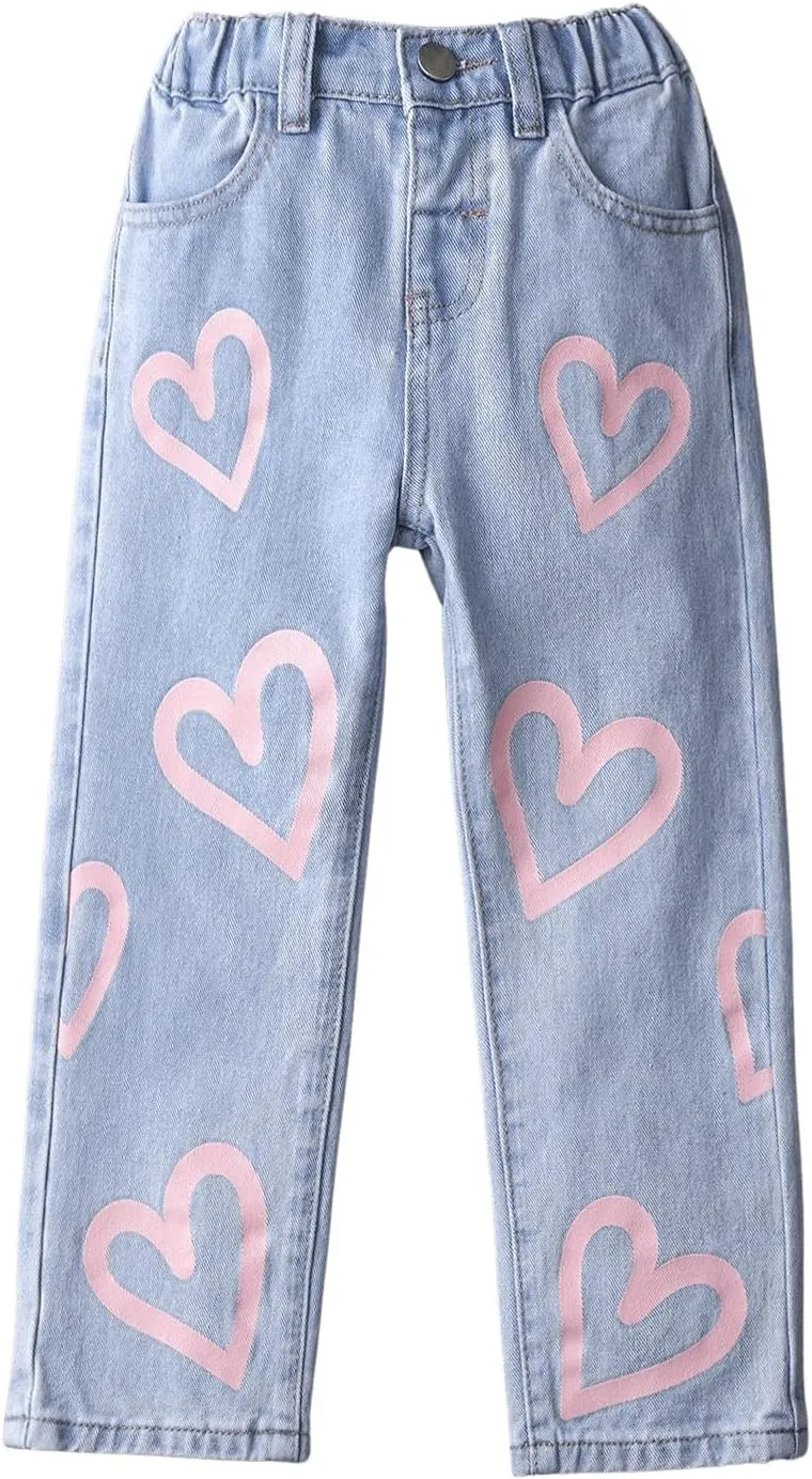 Floerns Girl's Floral Pattern Kids Jeans Elastic Waist Wide Leg Denim Pants