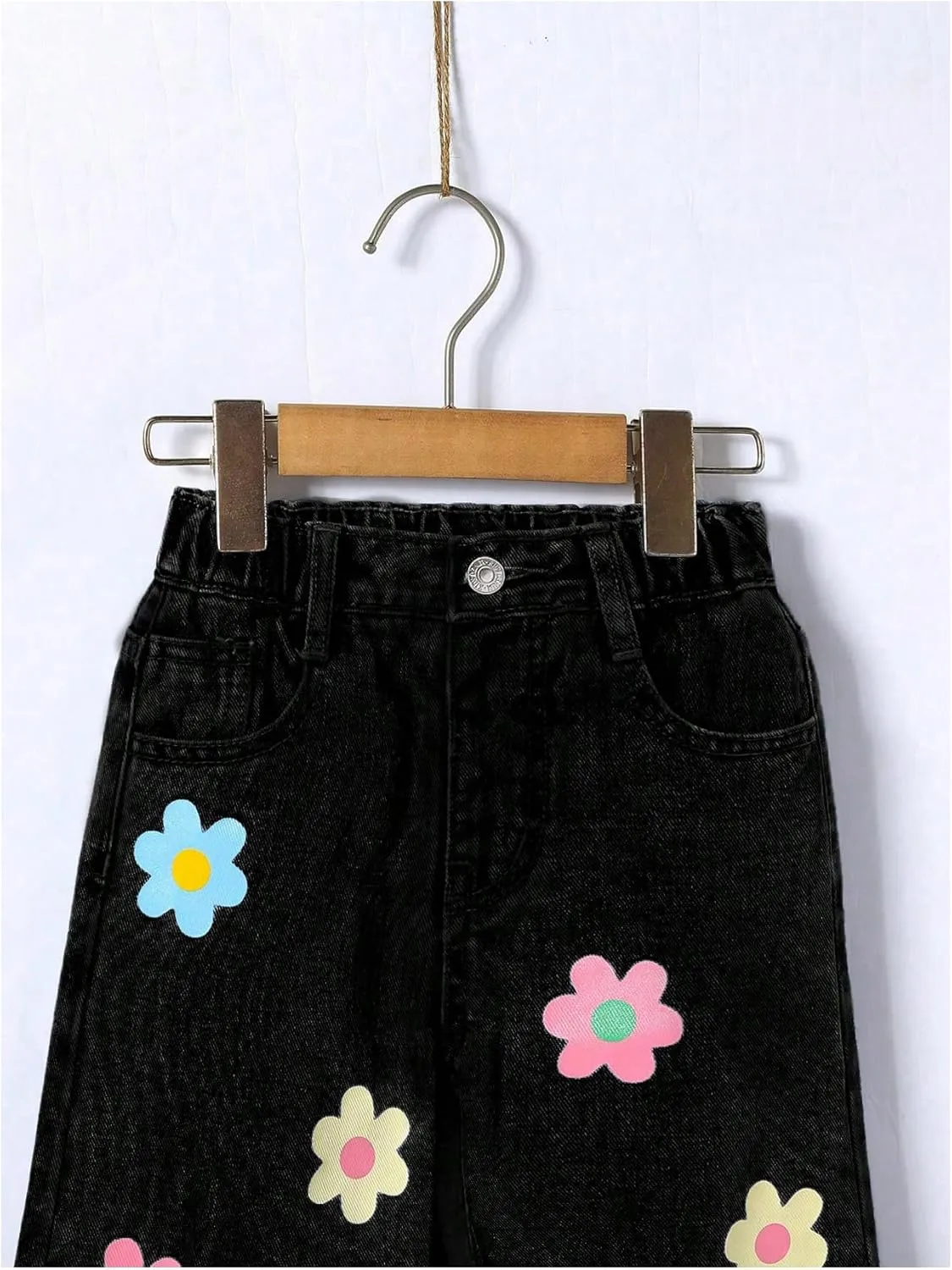 Floerns Girl's Floral Pattern Kids Jeans Elastic Waist Wide Leg Denim Pants