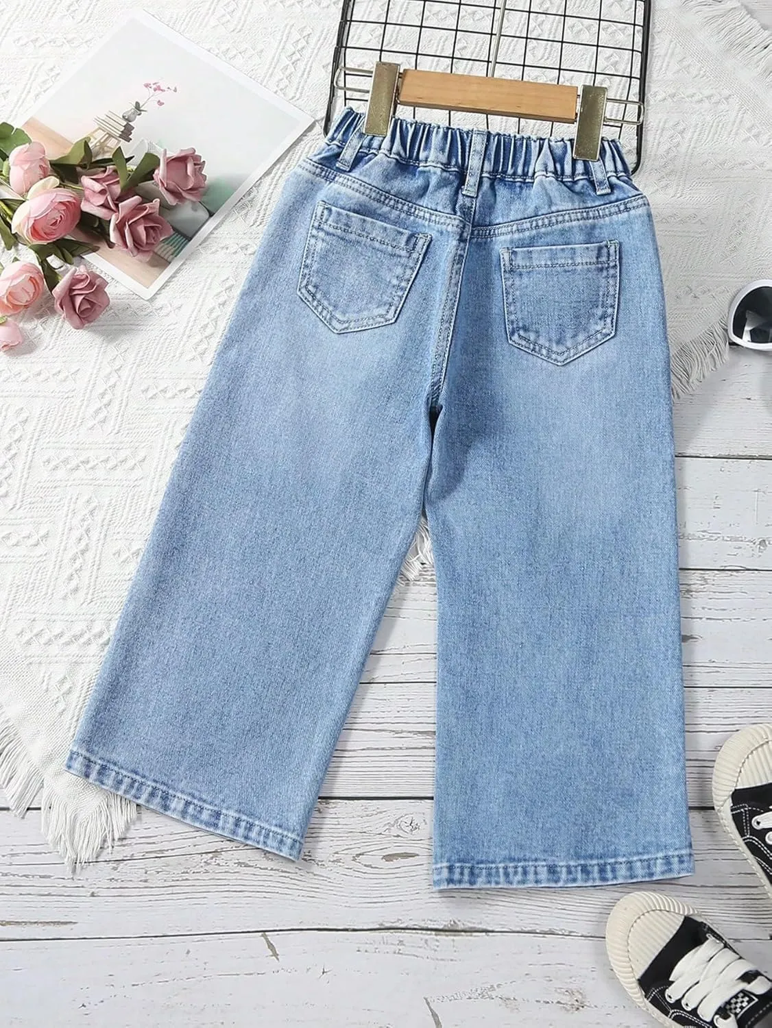 Floerns Girl's Floral Pattern Kids Jeans Elastic Waist Wide Leg Denim Pants