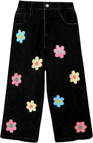 Floerns Girl's Floral Pattern Kids Jeans Elastic Waist Wide Leg Denim Pants
