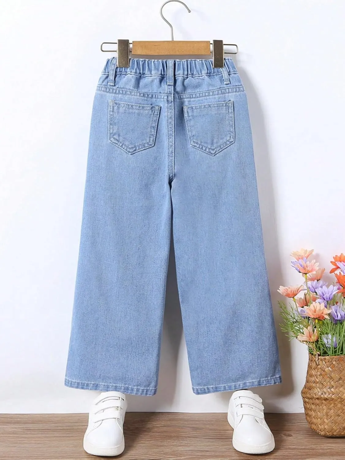Floerns Girl's Floral Pattern Kids Jeans Elastic Waist Wide Leg Denim Pants