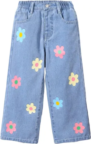 Floerns Girl's Floral Pattern Kids Jeans Elastic Waist Wide Leg Denim Pants