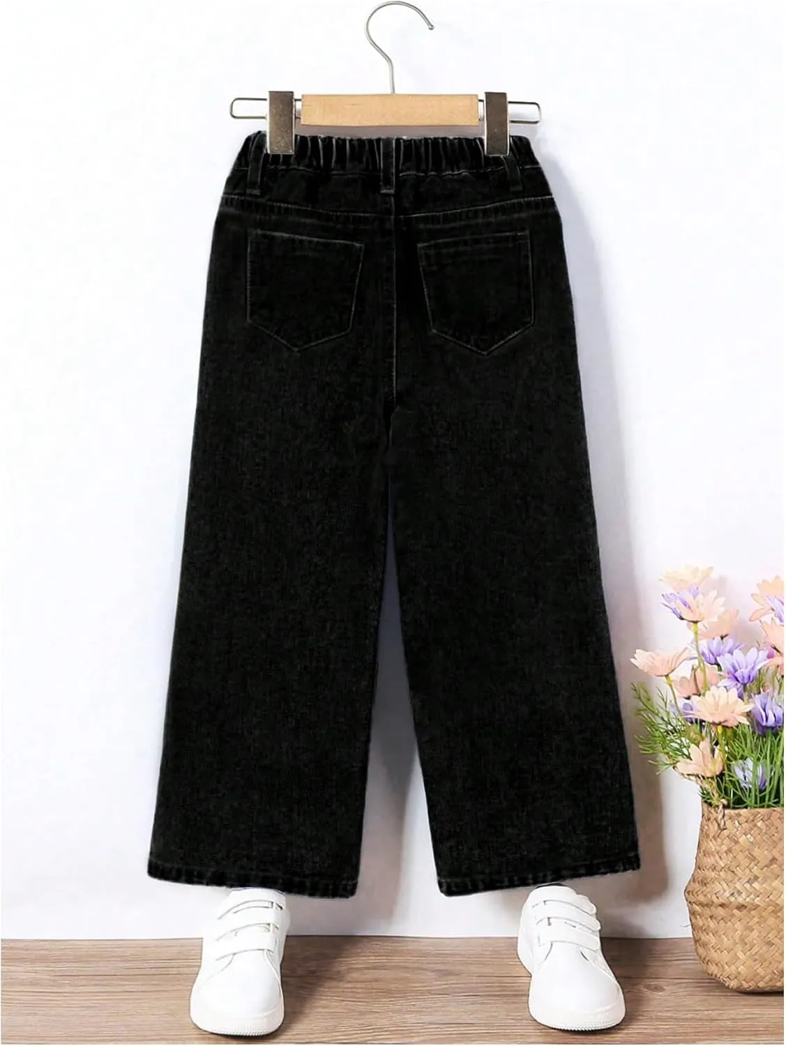 Floerns Girl's Floral Pattern Kids Jeans Elastic Waist Wide Leg Denim Pants