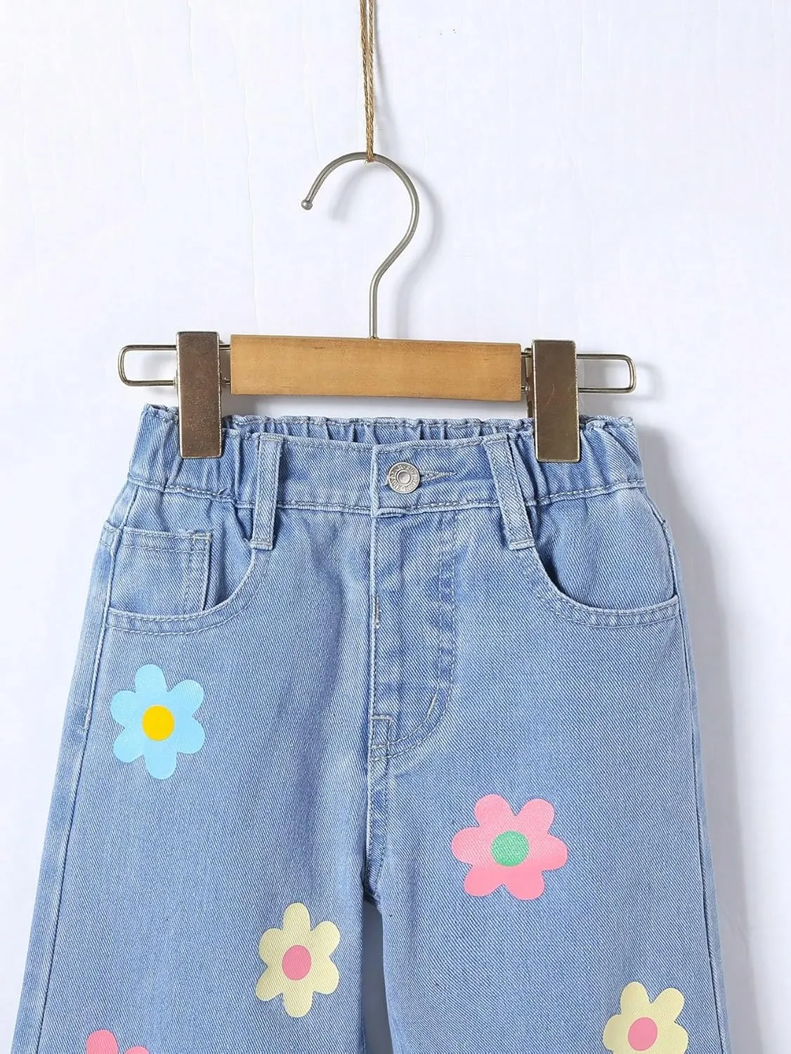Floerns Girl's Floral Pattern Kids Jeans Elastic Waist Wide Leg Denim Pants